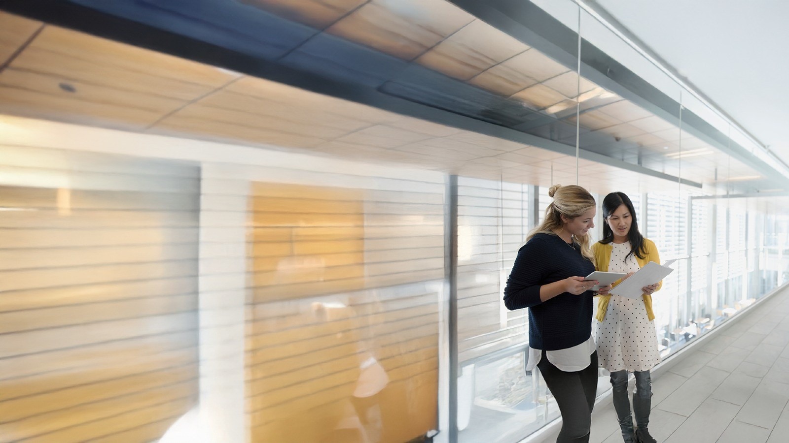 Two women standing and working together in the office